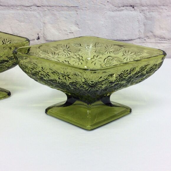 Vintage Indiana Glass Olive Green Diamond Shape Pedestal Candy Dish Bowl Set 2 - Picture 5 of 12